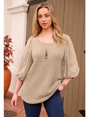 Plus Size Women's Lace Sleeve Sweater by Roaman's in New Khaki (Size 18/20)
