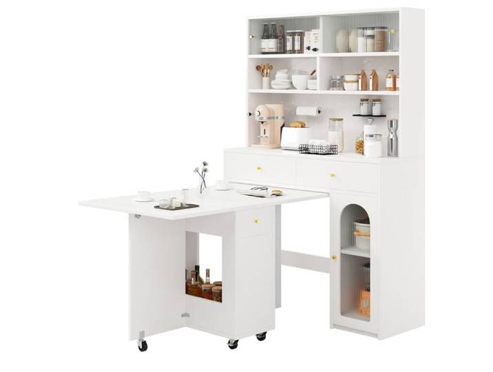 VUENOR Ensemble meuble de cuisine blanc avec table à manger pliante sur roulettes et rangements vitrés