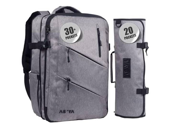 Asaya Kochmesser Rucksack mit 20 Taschen Messer Rolltasche - Über 30 Aufbewahrungstaschen Koch Tasche, Professioneller Rucksack für Köche und Kulinarische Studenten - Messer nicht enthalten (Grau)