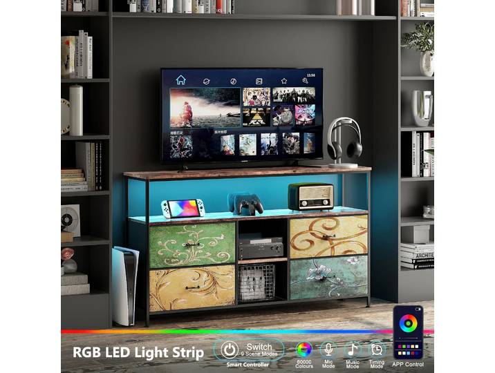 Rosahqnda Meuble TV avec 4 tiroirs, meuble TV, étagères réglables, table TV, meuble TV meuble de salon