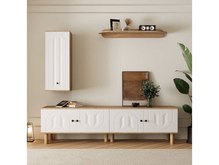 Ensemble Meuble TV 3 Pièces - MODERNLUXE - Meuble TV + vitrine + étagère mural - 5 portes - Blanc+naturel