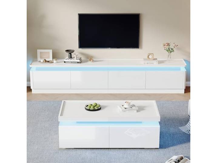 Fiednoy Weiße Hochglanz TV-Schrank Couchtisch Kombination Lowboard Mit 4 Schubladen, Für 75 Zoll Fernseher, Bogenförmiges Design, Wohnzimmer Set