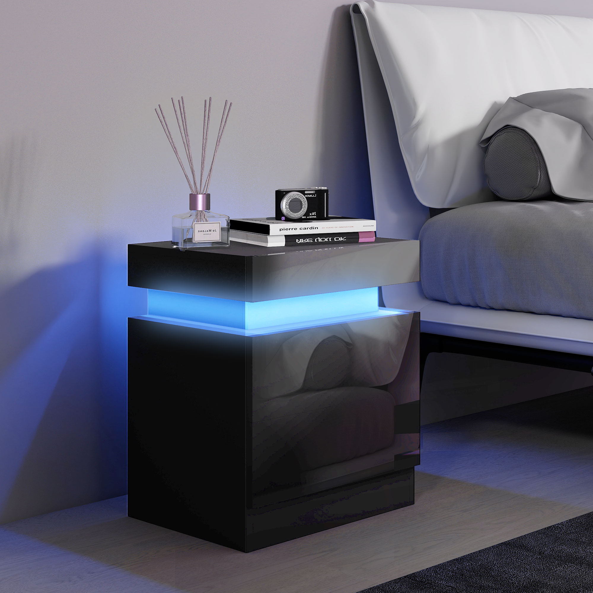 Homcom Comodino LED a 16 Colori e 4 Modalità con 2 Cassetti, in Legno, 45x35x52 cm, Nero   Aosom Italy