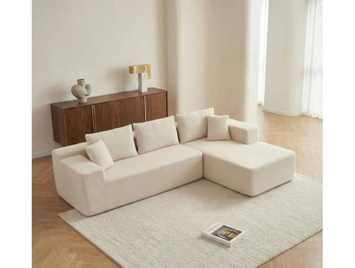 Galyar Modulares Ecksofa mit Schlaffunktion aus komprimiertem Schaumstoff, 3-Sitzer L-Form Couch mit Hocker, Lieferung ohne Montage (Bouclé Beige, Chaiselongue Links)