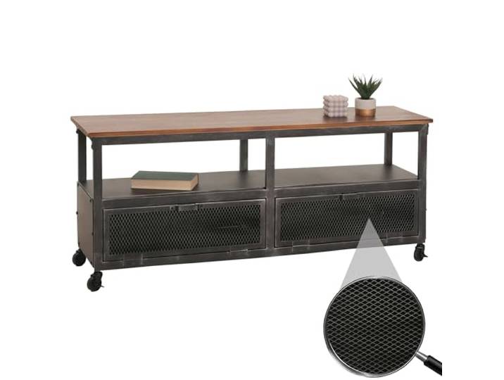 Mendler Lowboard HWC-N28 55x130x36cm Metall - schwarz, braun TV-Rack, Rollen, 2 Fächer, 3D-Struktur, Industrial, Retro, Holz