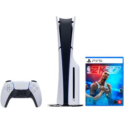 PLAYSTATION 5 Konsolen-Set "PS5 Disk Edition (Slim) inkl. NBA 2K27", weiß (weiß, schwarz), B:9,6cm H:35,8cm T:21,6cm, Spielekonsolen