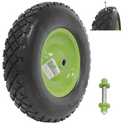 Baumarktplus Schubkarrenrad grün/Schwarz Vollgummi 4.80/4.00-8 + Achse Ersatzrad Reifen Schiebkarre PU