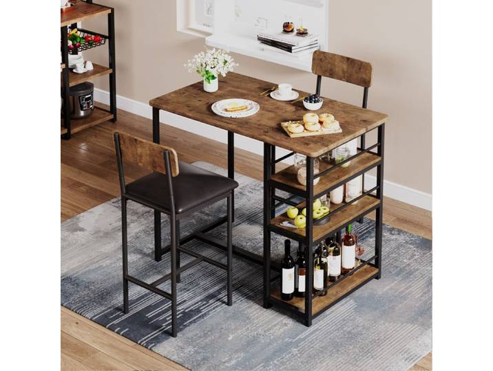 Ensemble table de bar 3 pièces - Set table + 2 chaises bar - Rangement 3 étagères - 91 cm -Salon/cuisine - Rustique brun