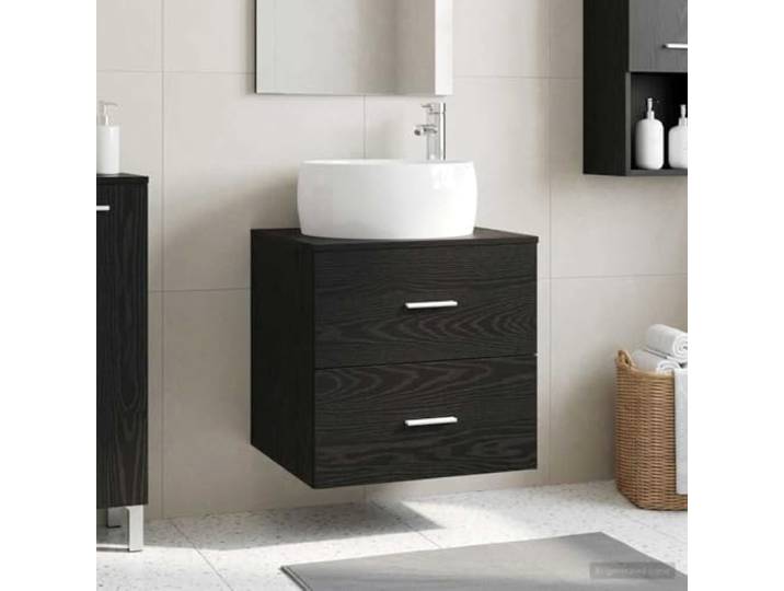 Wandmontiertes Waschbecken Sideboard Schwarz Eichen-Optik mit Schnellablauf Holzwerkstoff robust, Schubladen Stauraum, Schnellablauf praktisch, Montage mit 2 Bohrern, für urbane Bäder