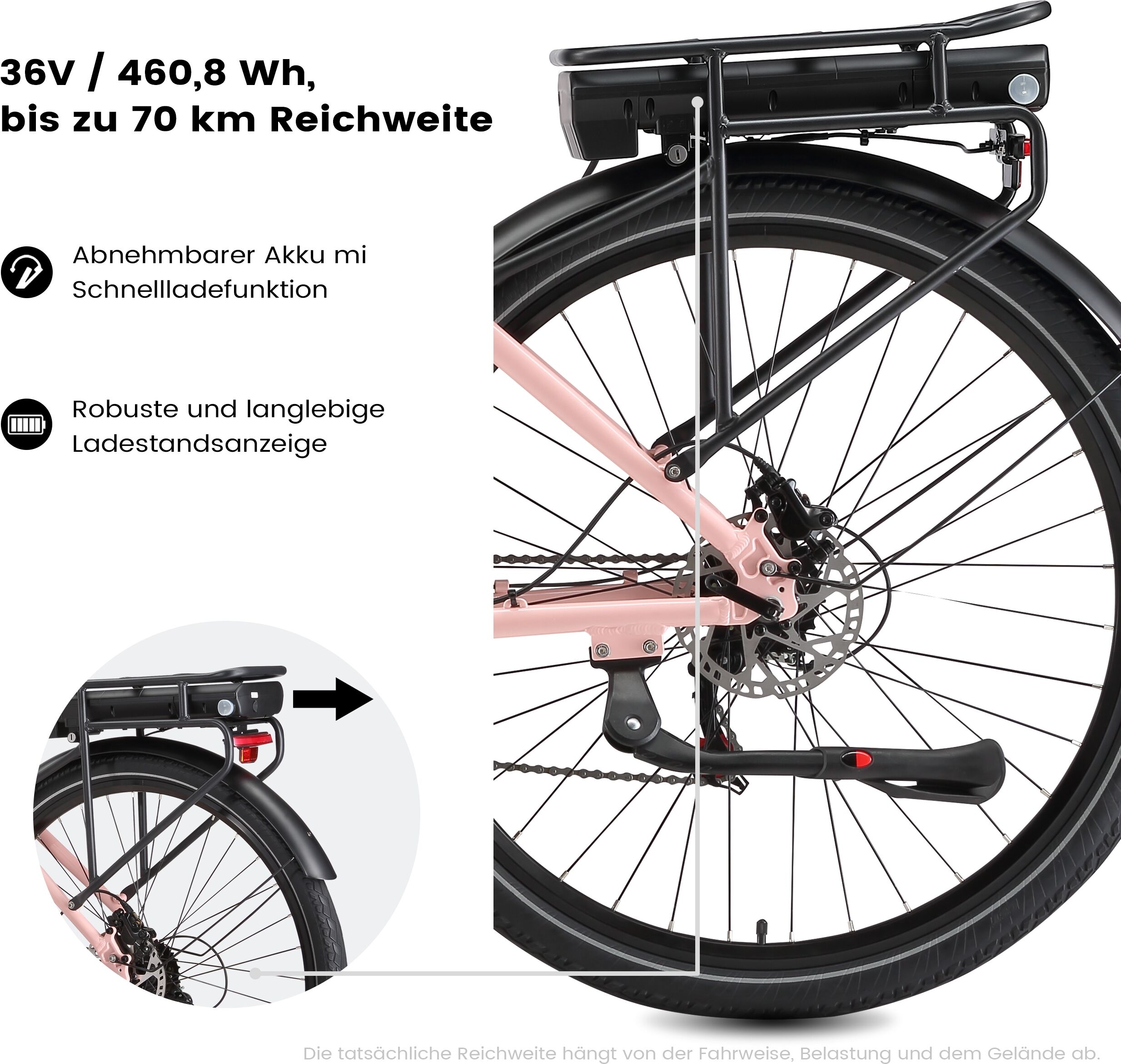 E-Bike MAXTRON "Maxtron Urban 8 City-E-Bike 28 Zoll" Gr. 45, rosa (rosa, schwarz), Elektrofahrräder, 45cm, 28 Zoll (71,12cm), (mit integr. Akku), Elektrofahrrad für Alltag und Einkauf