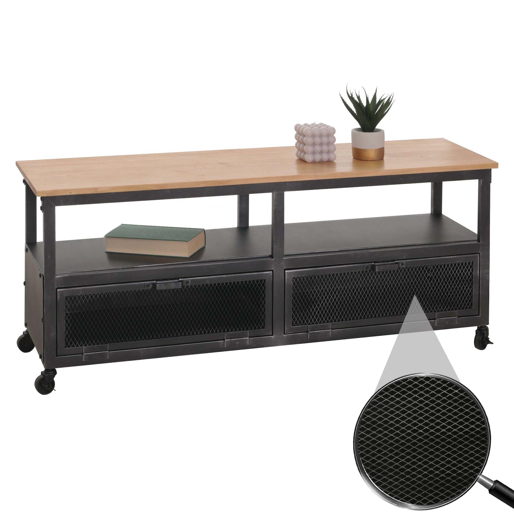 Lowboard MCW-N28, TV-Rack, Rollen 2 Fächer, 3D-Struktur Industrial Retro Metall Holz 55x130x36cm ~ schwarz, natur
