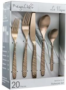 MegaChef La Vague 20 Piece Flatware Utensil Set, Stainless Steel Silverware Metal Service for 4 in Matte Rose Gold
