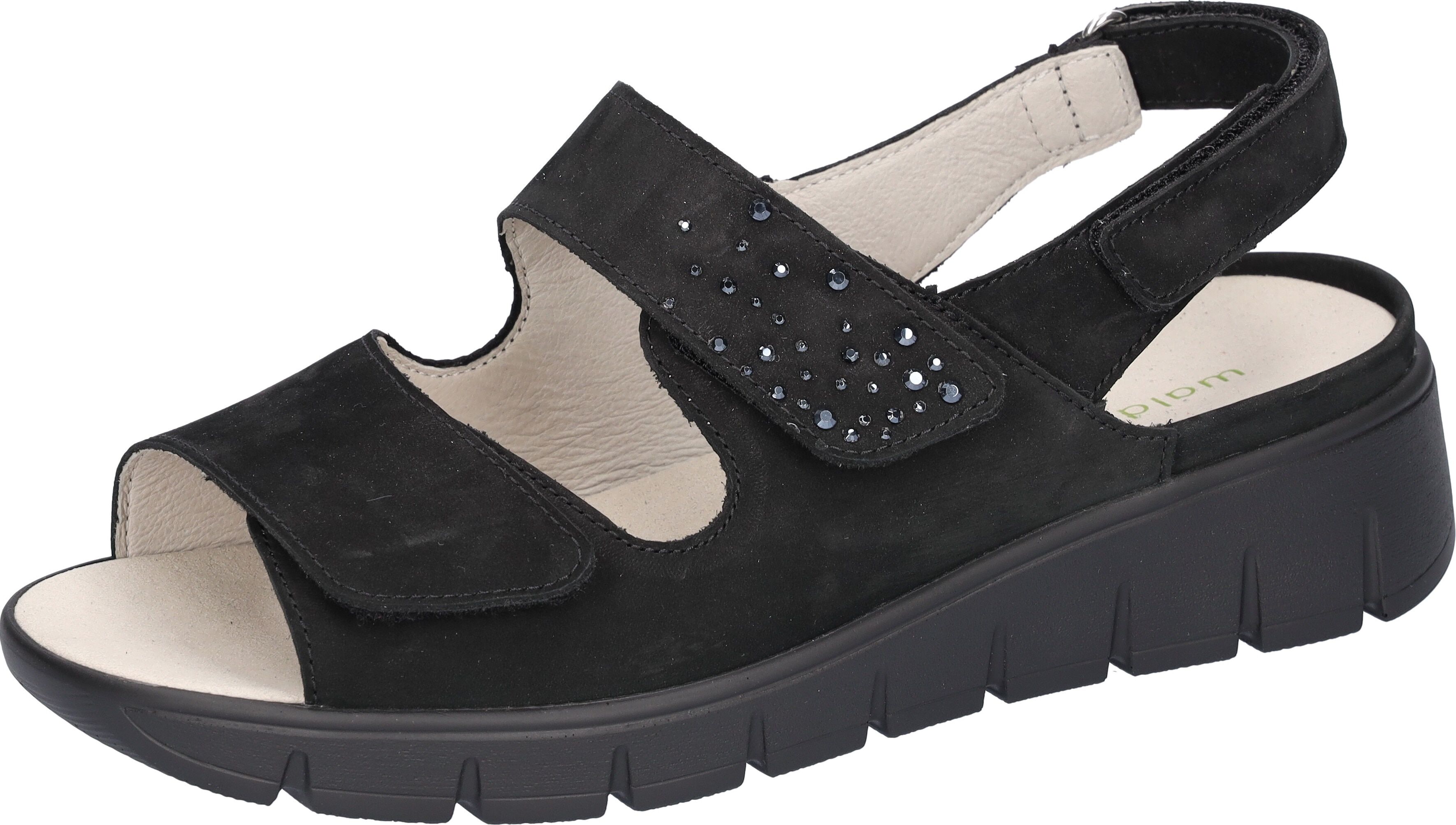 Sandale WALDLÄUFER "M-Wiola", Damen, Gr. 6,5, Leder, schwarz, Nubukleder, Schuhe Sandale, Sommerschuh, Sandalette, Keilabsatz, in extraweiter Schuhweite M schwarz 6,5, Leder