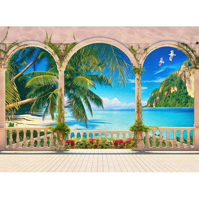 Fototapete PAPERMOON "STRAND-PALMEN SONNENUNTERGANG MEER KARIBIK INSEL PALME", bunt, B:4,5m L:2,8m, Vlies, Tapeten