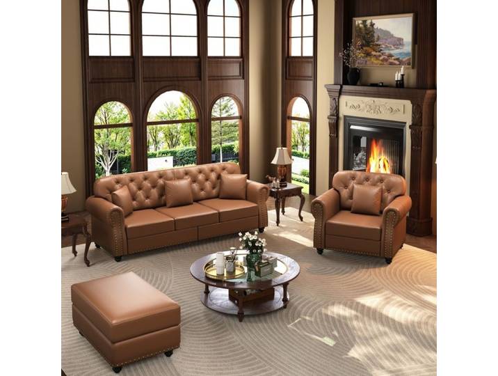 Ensemble Chesterfield similicuir noir- canapé 3 places + fauteuil + pouf - 4 coussins - Kehun - marron
