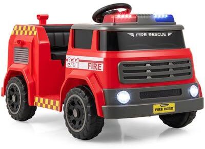 Costway 12V Ride on Fire Truck Powered Car with Water Gun and Interphone-Red