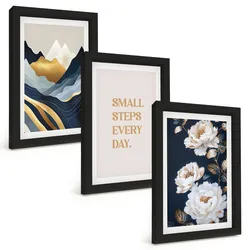 BILDER SET 3er Set - 20x30 cm Schwarzer Rahmen - Abstrakte Berge und Blumen Inspiration