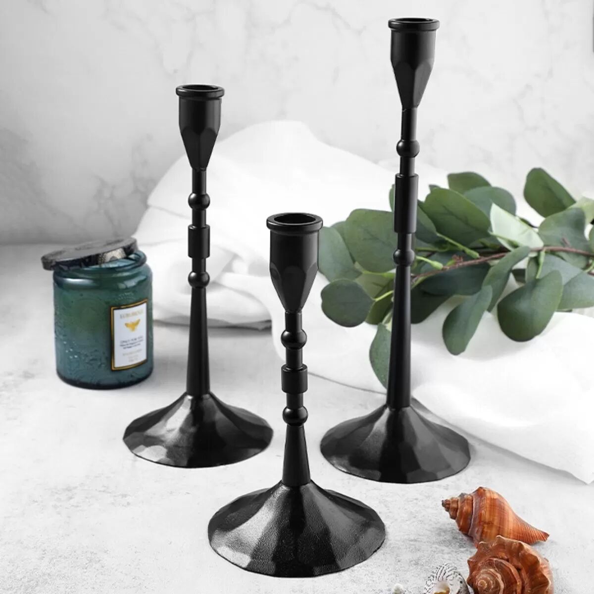 INF Elegante Vintage Kerzenständer, Edelstahl Set mit 3 für Ess- & Wohnzimmerdeko Schwarz