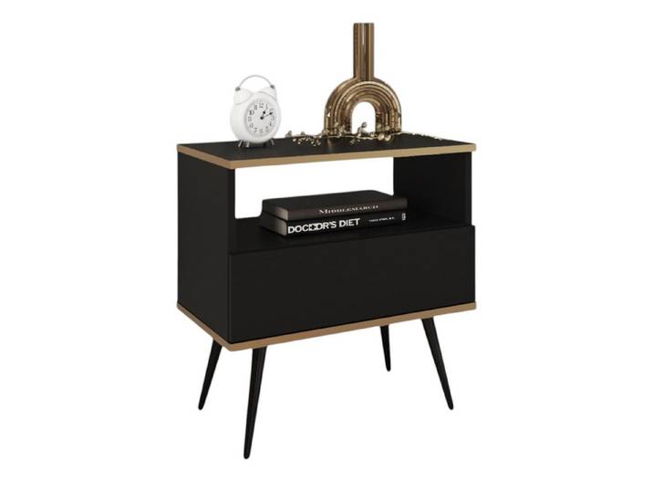 Compleo Nachttisch mit Schublade, Glamour Stil Möbel POLO, Beige/Schwarz/Weiß