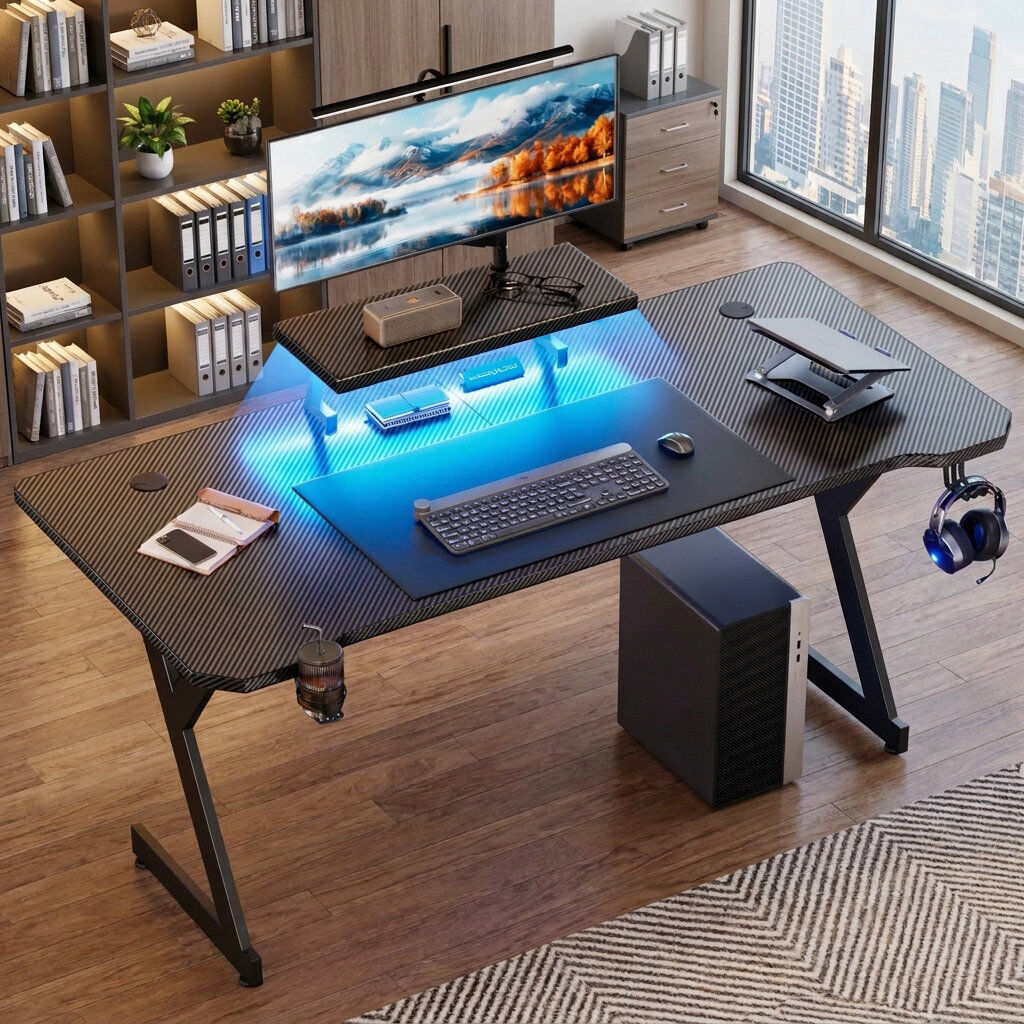 Borough Wharf Ergonomic Computer Desk with Monitor Stands, Gaming Desk with LED Lights Carbon Fibre Surface, Ergonomic Home Office Desks Y Shaped PC Gamer Workstati Black 75cmH×160cmW×60cmD