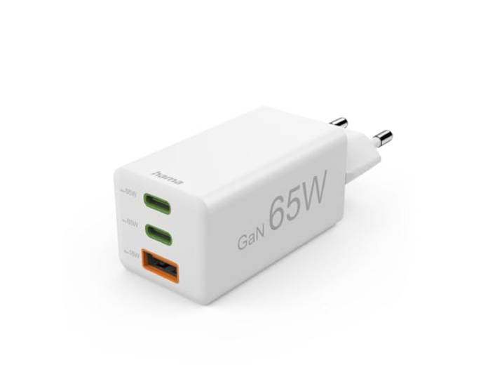 Hama Schnellladegerät GaN, 65W, USB C, USB A, PD/Quick Charge 3.0 USB Charger weiß, Ladegerät mehrfach, Handy Tablet Laptop Universal, Netzstecker Schnellladen, USB C Netzteil, Power Delivery
