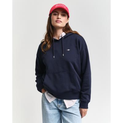 Hoodie GANT "SHIELD HOODIE", Damen, Gr. S, blau (evening blau), Sweatware, Obermaterial: 78% Baumwolle, 22% Polyester, Rippbündchen, Sweatshirts Hoodie, Grafische GANT-Stickerei auf der Brust