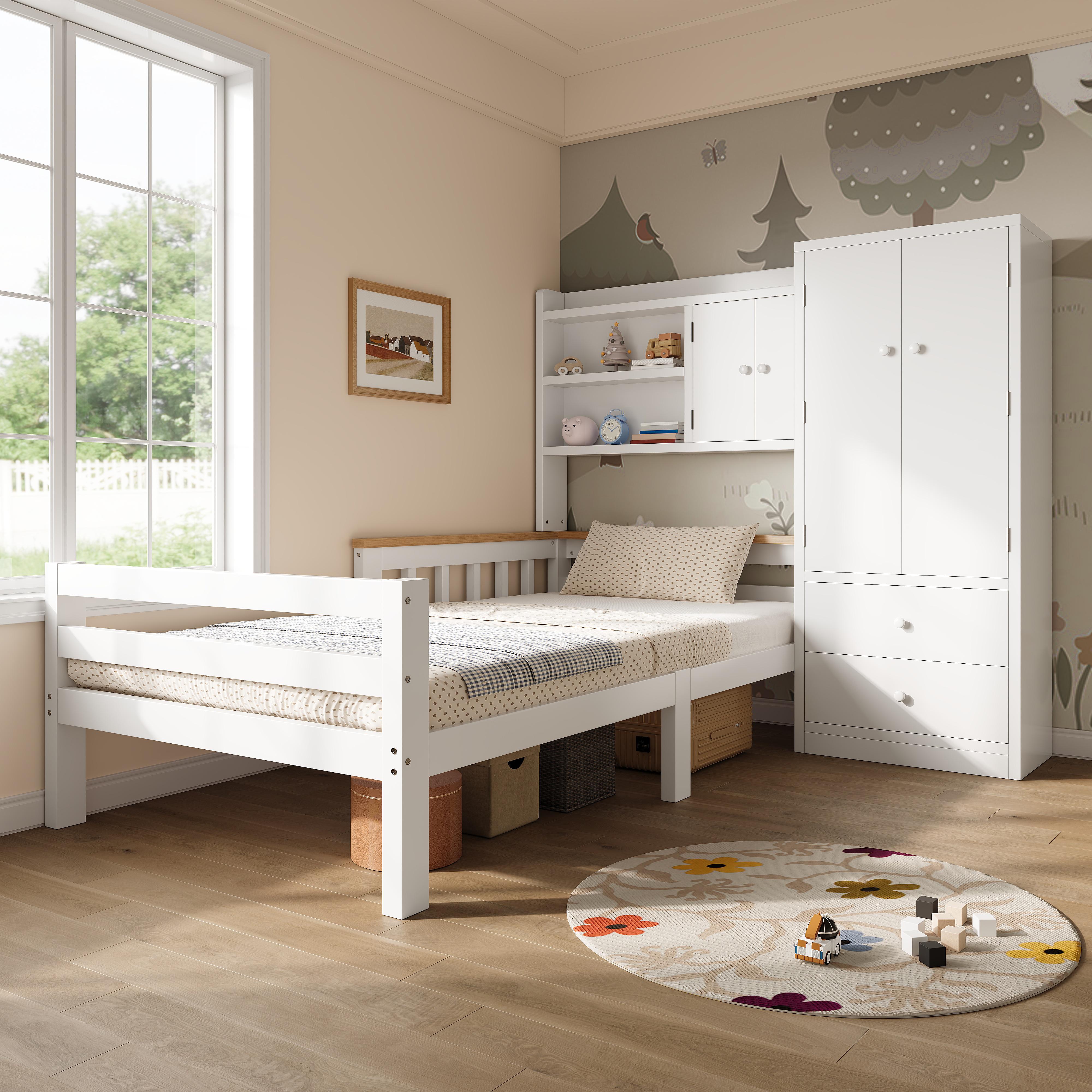 okwish Multifunktions-Kinderbett 90×200 mit Kleiderschrank und Schubladen,Einzelbett mit offenen Regalfächern,Weiß,ohne Matratze