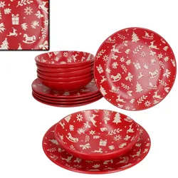 12tlg Tafelservice Advent 6 Personen Essteller Suppenteller Rot Weihnachten