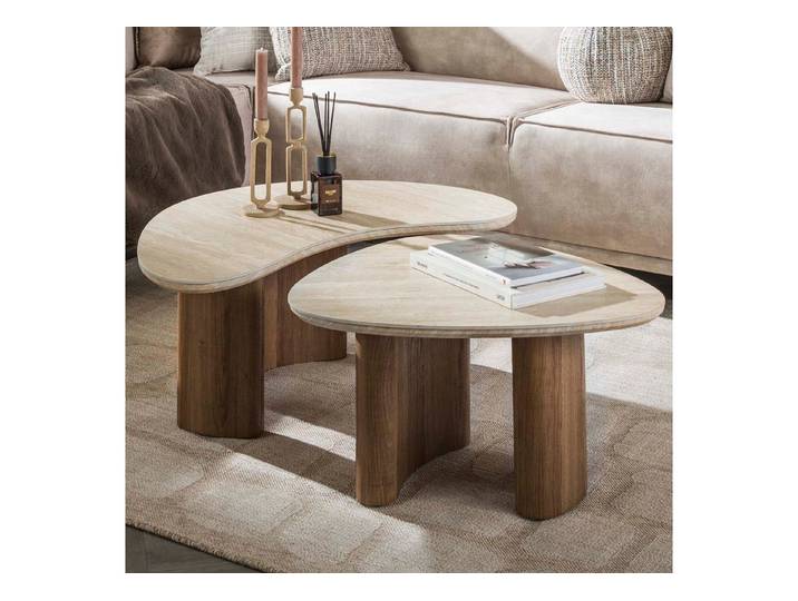 alesvelt Couchtisch Set ROMANO FLUIDO Organische Puzzle-Satztische in Travertin-Optik (2er-Set), 88x44x36cm, 65x53x36cm, Keramik, Travertin-Design, Eichenoptik
