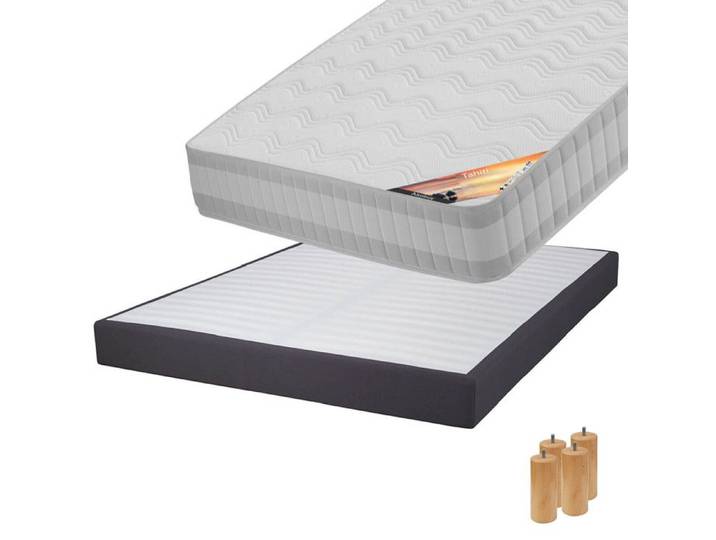 Tahiti - Pack Matelas 140x190 + Sommier Tapissier Démontable 2x20 Lattes Anthracites + Pieds Bois 15cm