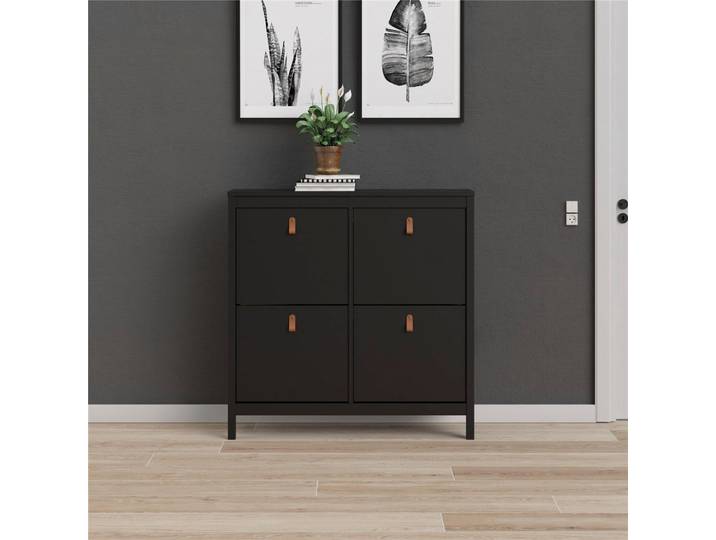 Schuhschrank HOME AFFAIRE Madrid, Schuhaufbewahrung mit Griffen, skandinavisches Design , schwarz, B:102,4cm H:102,9cm T:24,6cm, Holzwerkstoff, Schränke, Schuhschrank, Mit 4 Klappen, jeweils 2 Böden, B: 102 cm, H: 103 cm, Zwei Griffarten