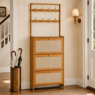 Kodotan sofa Shoe Cabinet with 3 Rattan Flip Drawers, Bamboo Shoe Storage Cabinet with Coat Hooks, Freestanding Shoe Cabinet Storage