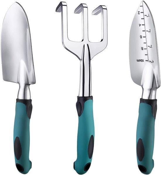 Unyqoos 3-delige tuingereedschapsset met handcultivator, plantlepel en hark van roestvrij aluminium en ergonomische antislip handgrepen