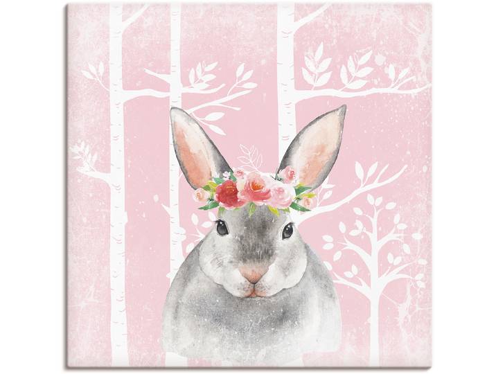 Leinwandbild ARTLAND Hase mit Blumen im pink Wald , pink (farbe bild(er): pink), B:50cm H:50cm, Bilder, Leinwandbild, auf Holzrahmen gespannt