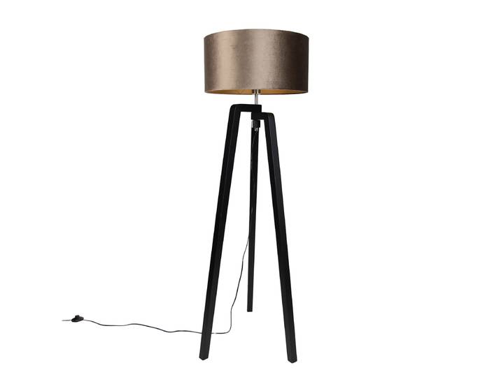 Vloerlamp zwart tripod met kap bruin met gouden binnenkant 50cm -