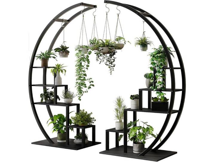 Lot de 2 Supports pour Plantes en Métal-Crochet 142cm Étagère à Fleurs Porte Plantes en Forme de rond - Salon Balcon-Noir