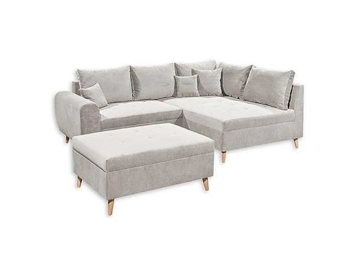 Stella Trading CALANDA Ecksofa mit Hocker, Stoffbezug Sand - Moderne Eckcouch mit Kissen & Massivholz Füßen - 249 x 94 x 175 cm (B/H/T)