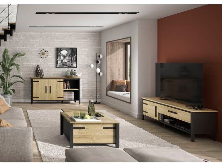Buffet, Eiche, Goldeiche/Schwarz, 165×90×45 cm, 2 Türen & 2 Fächer, Modern, GAMI