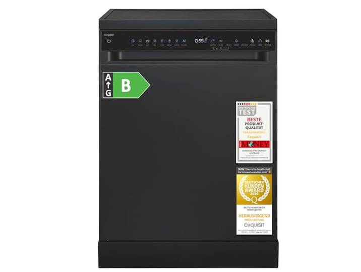 Exquisit Geschirrspüler 60cm Breite, 16 Gedecke, Energieklasse B, 45 dB 8 Programme, Auto-Programm, Selbstreinigung, Extra-Trocknung, Hygiene, Startzeitverzögerung Aquastop GSP9616-450B schwarz