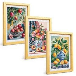 BILDER SET 3er Set - 20x30 cm Goldrahmen - Blumen und Früchte in Vasen
