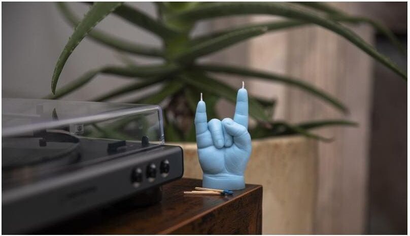 Formkerze "Mandatus Candle Hand Baby You Rock", blau, H:20cm Ø:8cm, Kerzen, Formkerze blau Ø/H: 8cm x 20cm