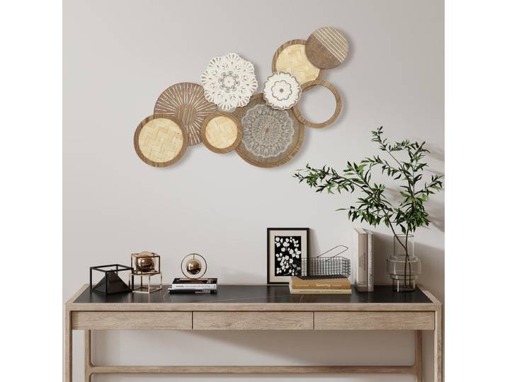 Décoration murale en bois, sculpture murale en bois, design unique à plusieurs disques, 83,8 x 44,5 cm, bois naturel