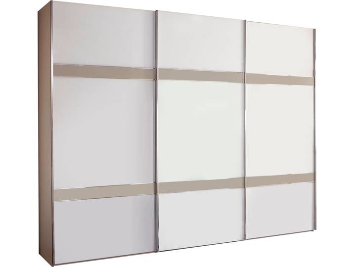 Schwebetürenschrank, Holzwerkstoff & Glas, Weiß/Kieselgrau, 295,2×217×67 cm, 3 Türen, Hochwertige Glasfront, Wiemann