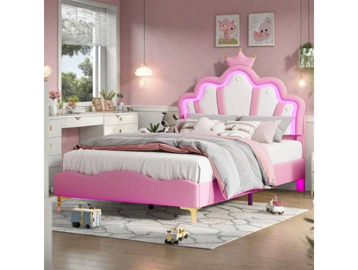 Lit enfant - URBANLUXE - Lit princesse - 140x190 cm - LED intégrée - Tête de lit couronne réglable