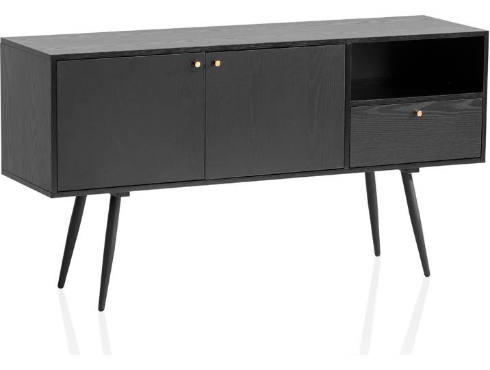 Commode 140x75x40 cm noire avecReproduction chêne intemporel\, commode haute\, armoire debout salon avec 2 portes et tiroir\, commode avec compartiment ouvert Wohnling