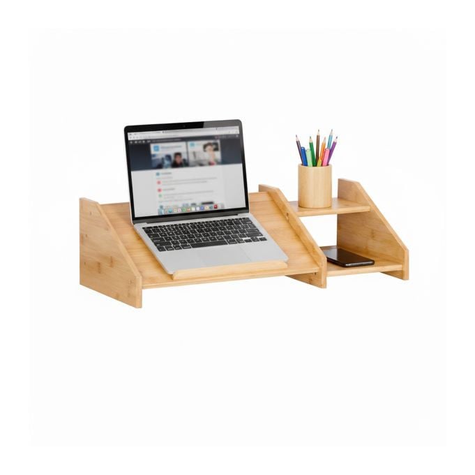 Relaxdays Laptopstandaard met 2 open vakken, bamboe, naturel/bruin, H x B x D: 17,5 x 61 x 25,5 cm