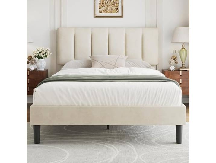 VECELO Polsterbett 140 x 200 cm, Doppelbett mit höhenverstellbarem Samt-Kopfteil, stabilem Holzlattenrost, geräuscharm, einfache Montage, modernes Bettgestell für Schlafzimmer, Beige