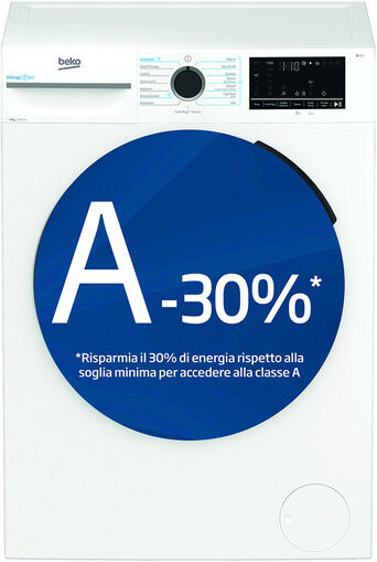 Beko b300 BMW89DB 8kg, Classe A-30%, Bianco, Motore Inverter 1400 giri, Display touch, Porta nera, EnergySpin™, Vapore