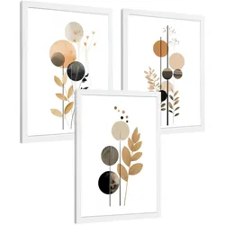 POSTER 3er-Set Wandbilder Geometrische Blumen modern Wohnzimmer Deko, Schlafzimmer, Küche, Badezimmer Weißer Rahmen A3