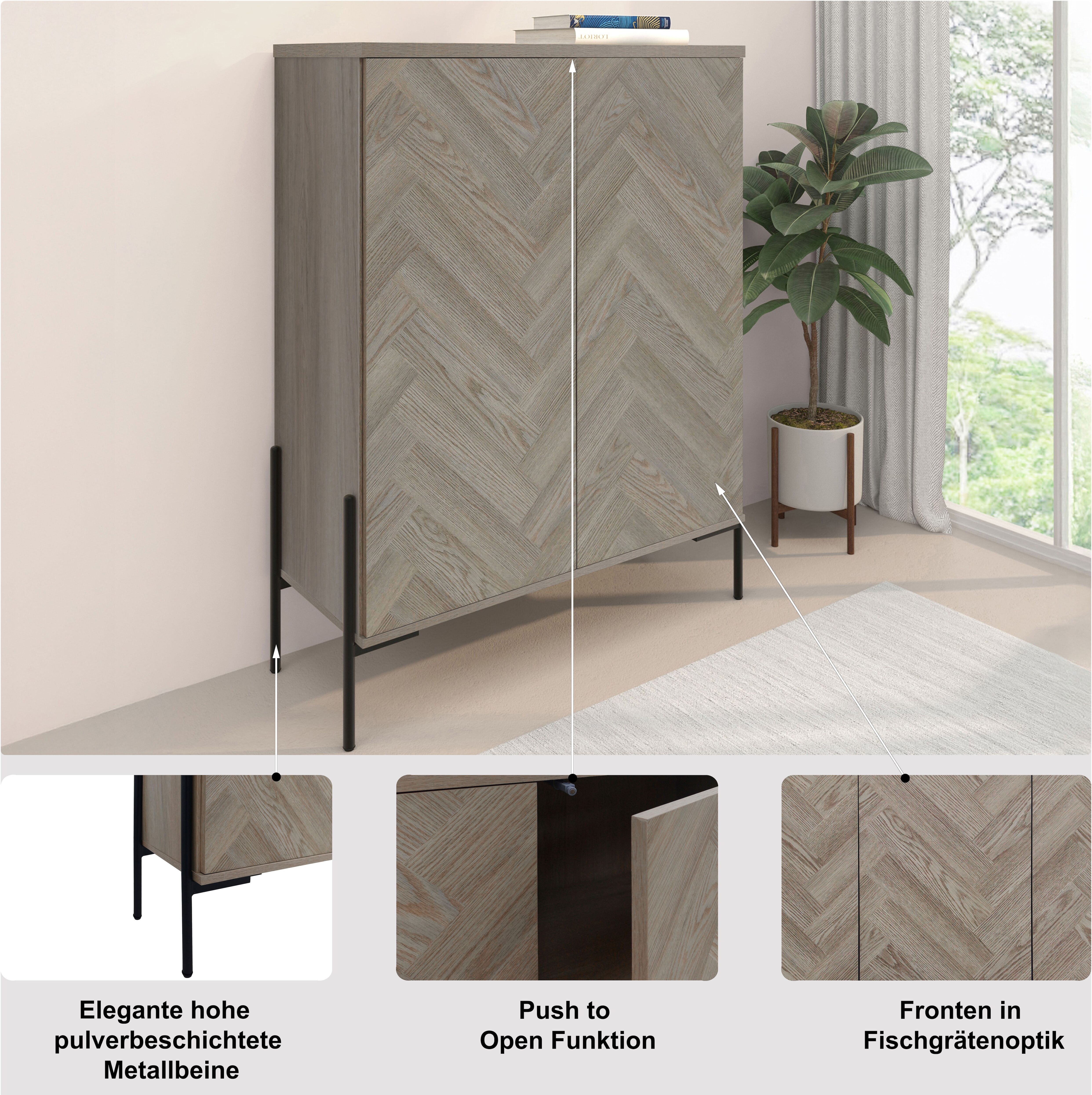 Highboard GOODPRODUCT "Eadwine", grau (weiß eiche), B:90cm H:120cm T:38cm, MDF, Sideboards, Highboard, Kommode, Midischrank, Push-to-open, Türen mit Fischgräten Muster weiß eiche B/H/T: 90cm x 120cm x 38cm, 2 Stk.